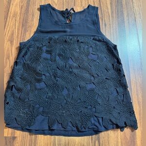 Ann Taylor Sleeveless Top With Embroidered Lace and Sheer Neckline, Size Small